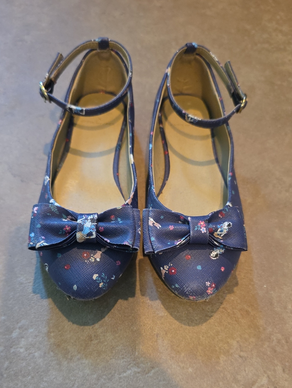 Disney Janie And Jack Girl's Navy Floral Bow Ankle-Strap Flats. Size 13